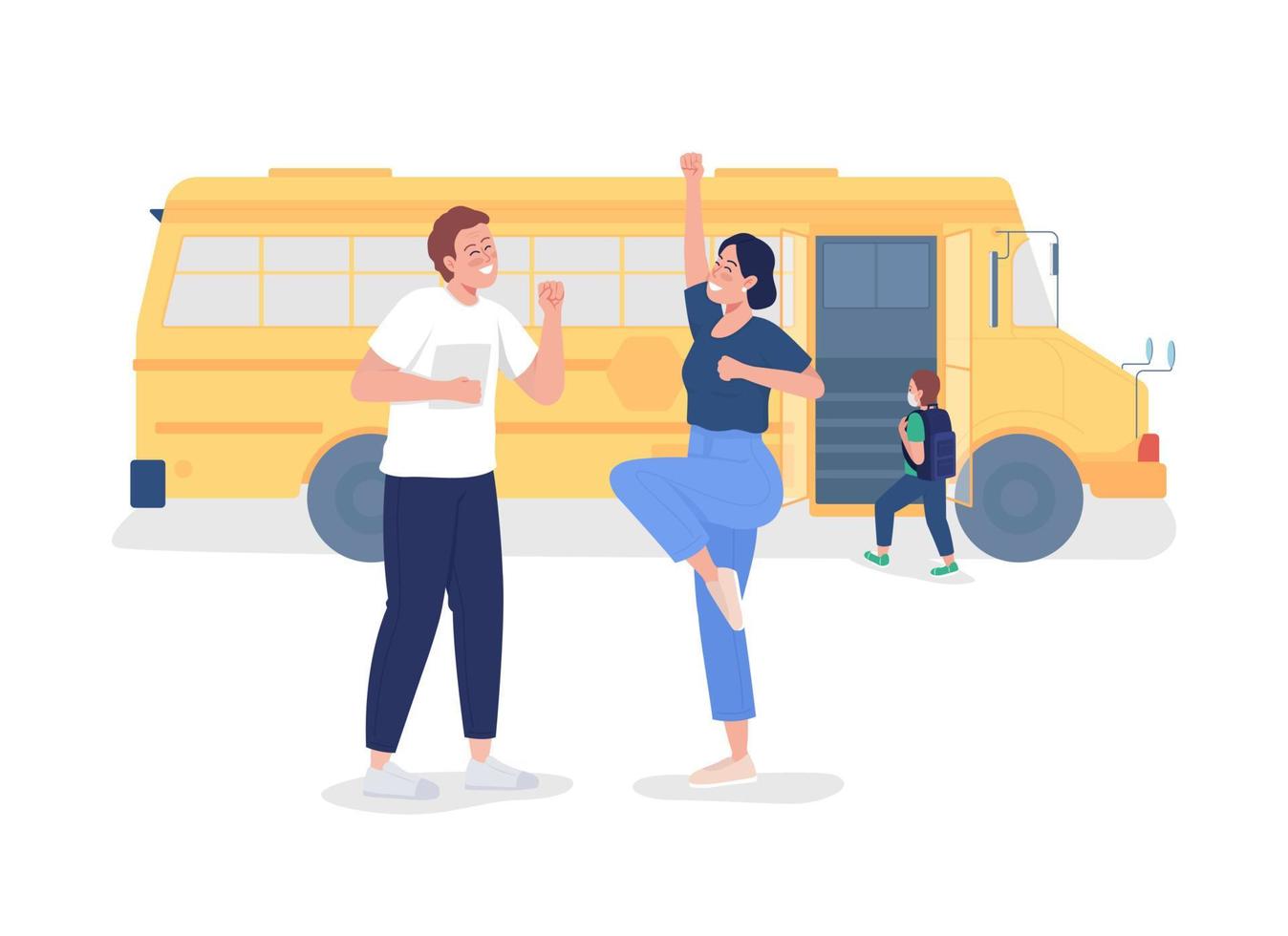 Parents send kid to school semi flat color vector characters. Full body happy people on white. Family members isolated modern cartoon style illustration for graphic design and animation