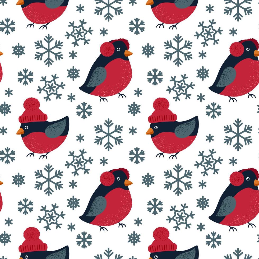patrón transparente de invierno con camachuelo y copos de nieve. diseño navideño. ilustración vectorial. vector