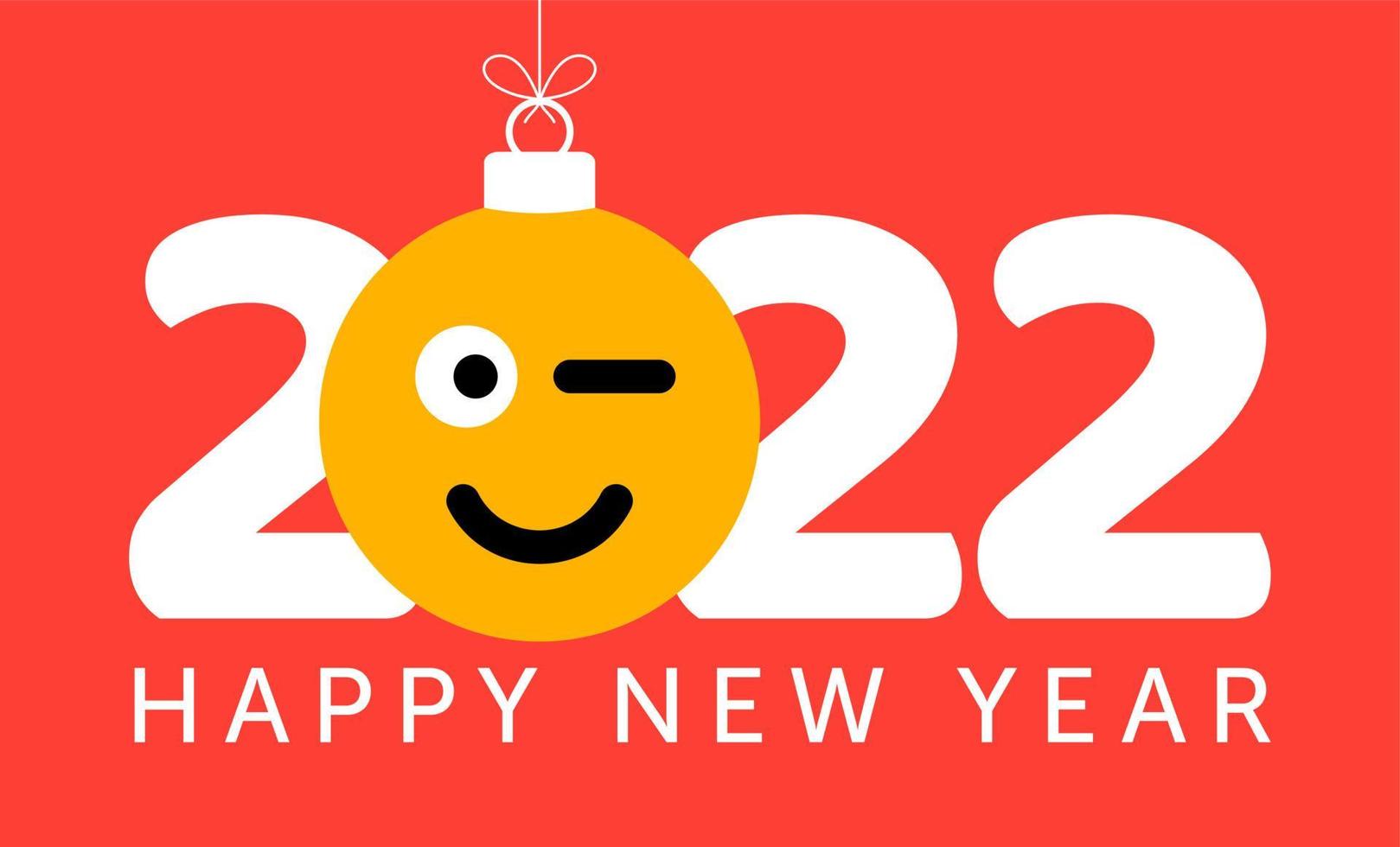 Tarjeta de felicitación para el año nuevo 2022 con una cara sonriente de emoji que cuelga de un hilo como un juguete, una pelota o una chuchería navideña. Ilustración de vector de concepto de emoción de año nuevo