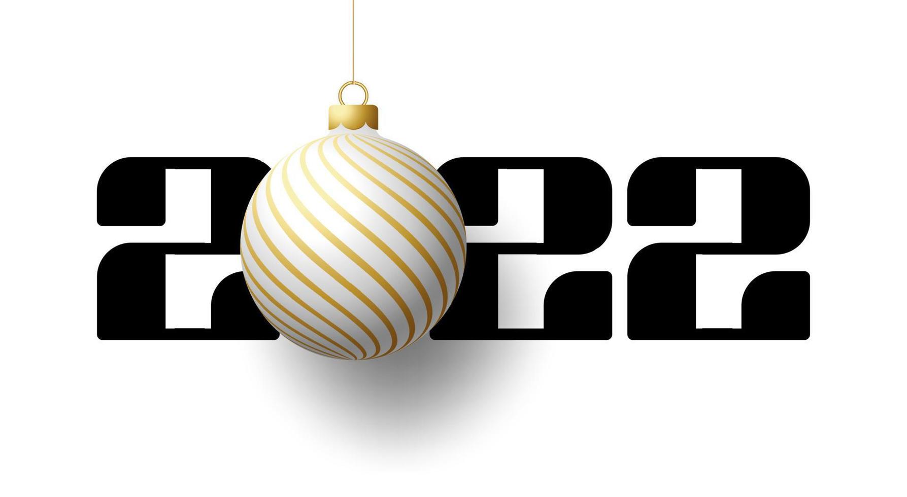 2022 Happy New Year. Luxury greeting card with a white and gold christmas tree ball on the royal white background. Vector illustration