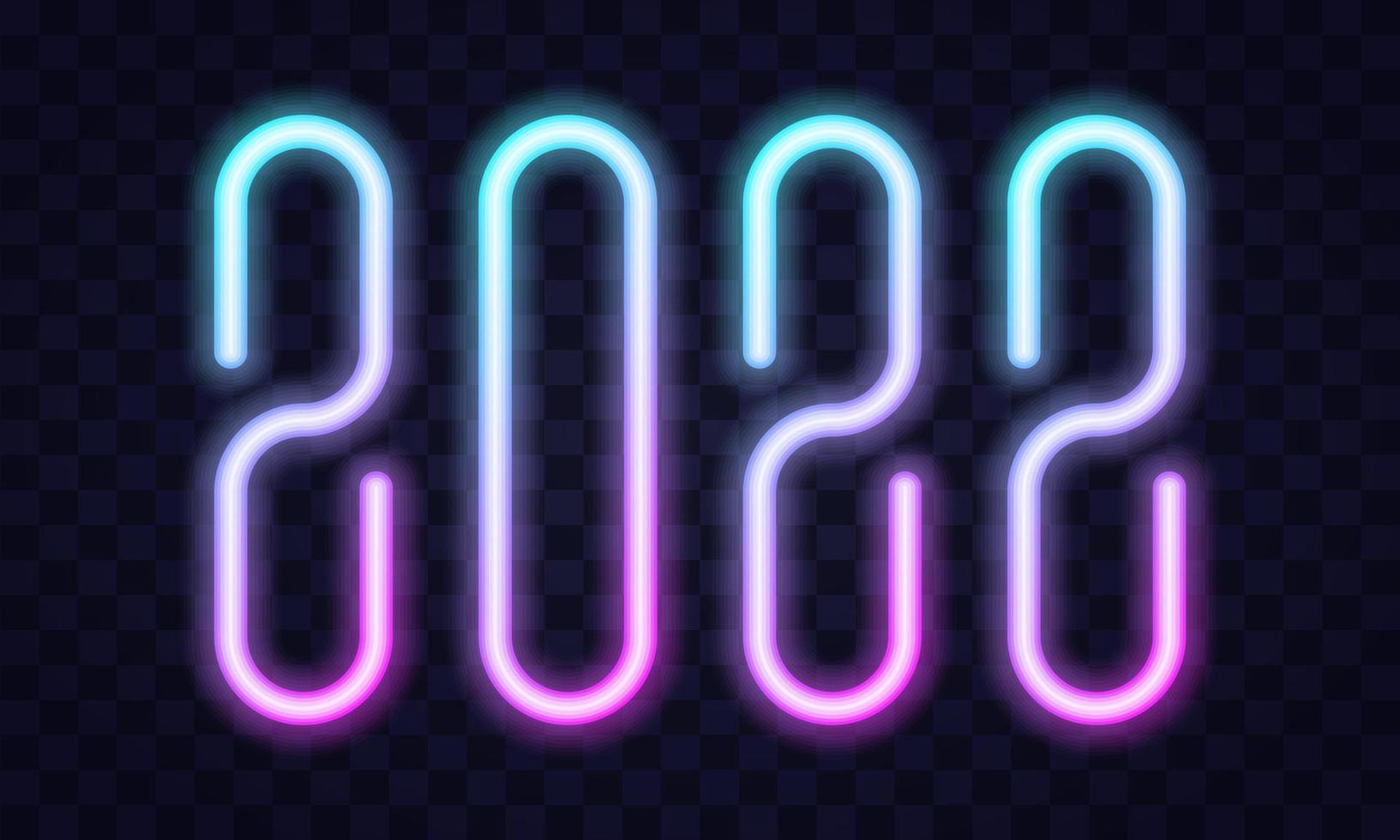 2022 Happy New Year Neon Text. 2022 New Year Design template for Seasonal Flyers and Greetings Card or Christmas themed invitations. Light Banner. Vector Illustration.