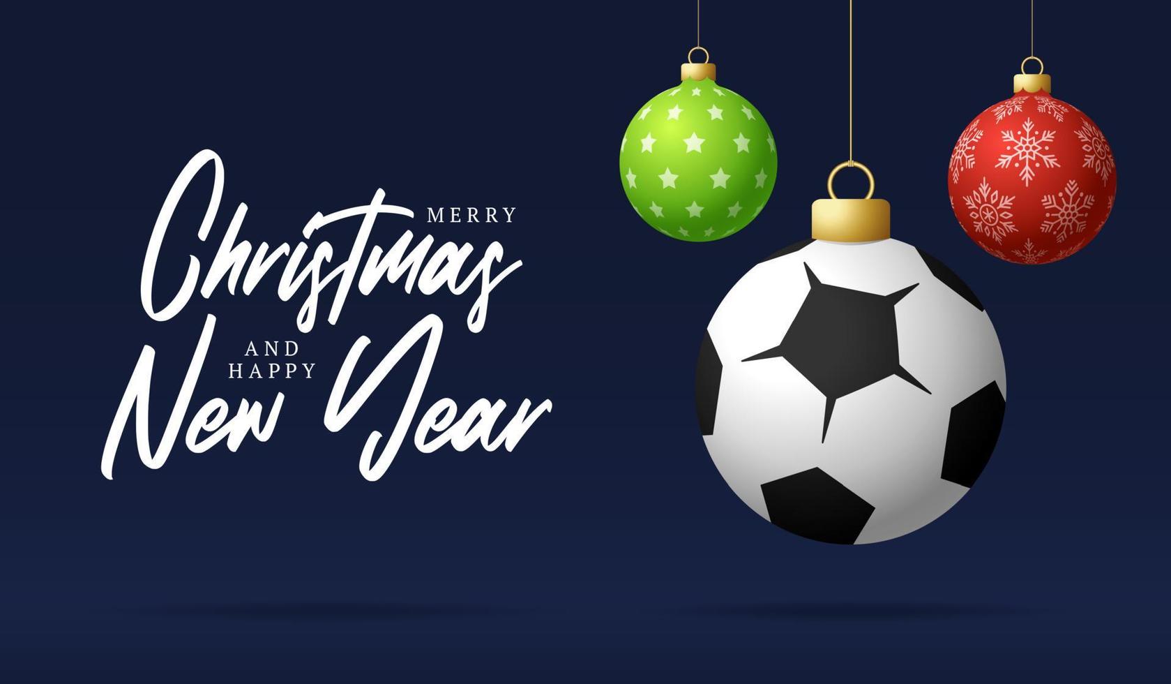 fútbol feliz navidad y próspero año nuevo tarjeta de felicitación deportiva de lujo. pelota de fútbol como una pelota de navidad en el fondo. ilustración vectorial. vector