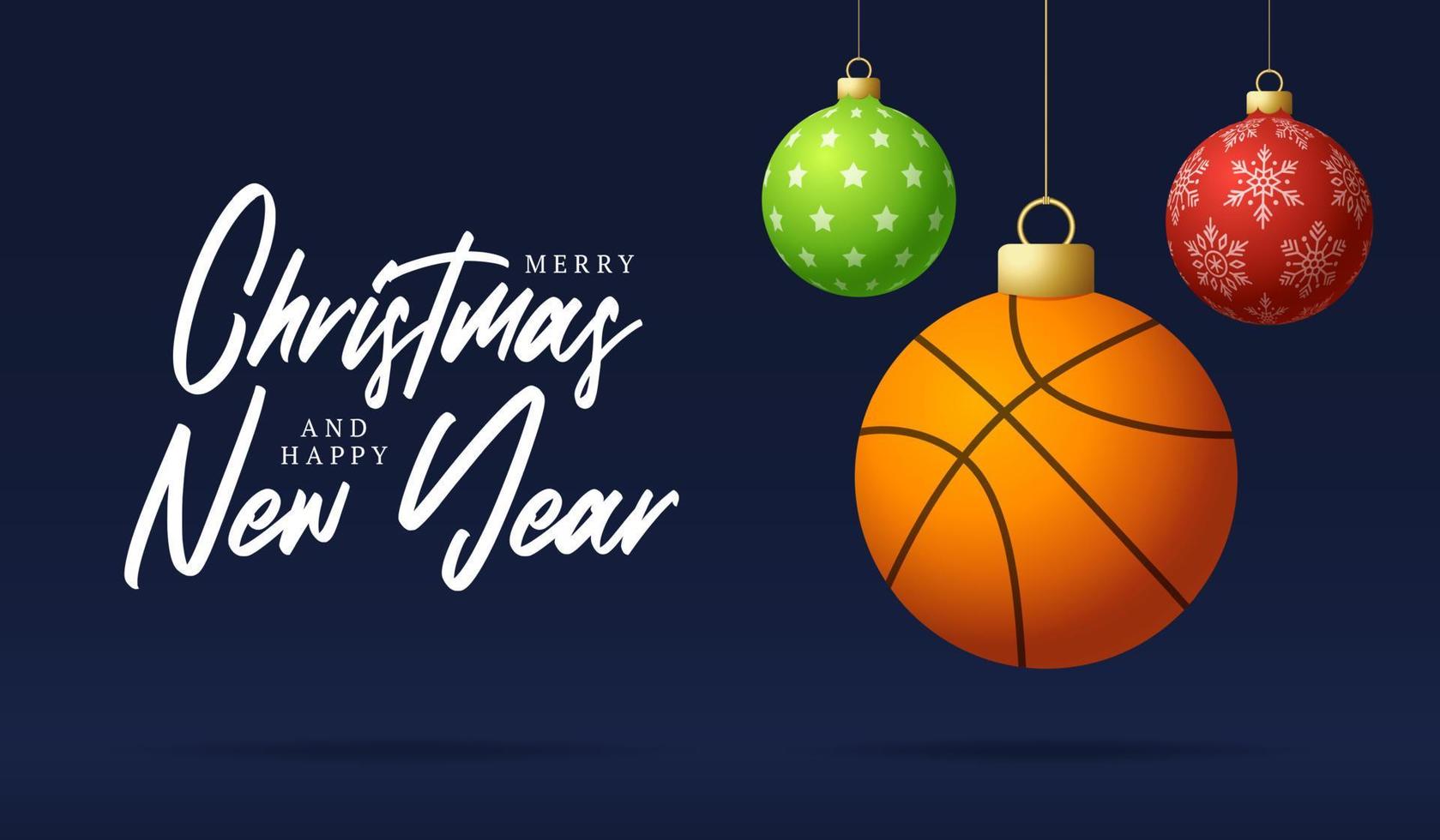baloncesto feliz navidad y próspero año nuevo tarjeta de felicitación deportiva de lujo. pelota de baloncesto como una bola de navidad en el fondo. ilustración vectorial. vector