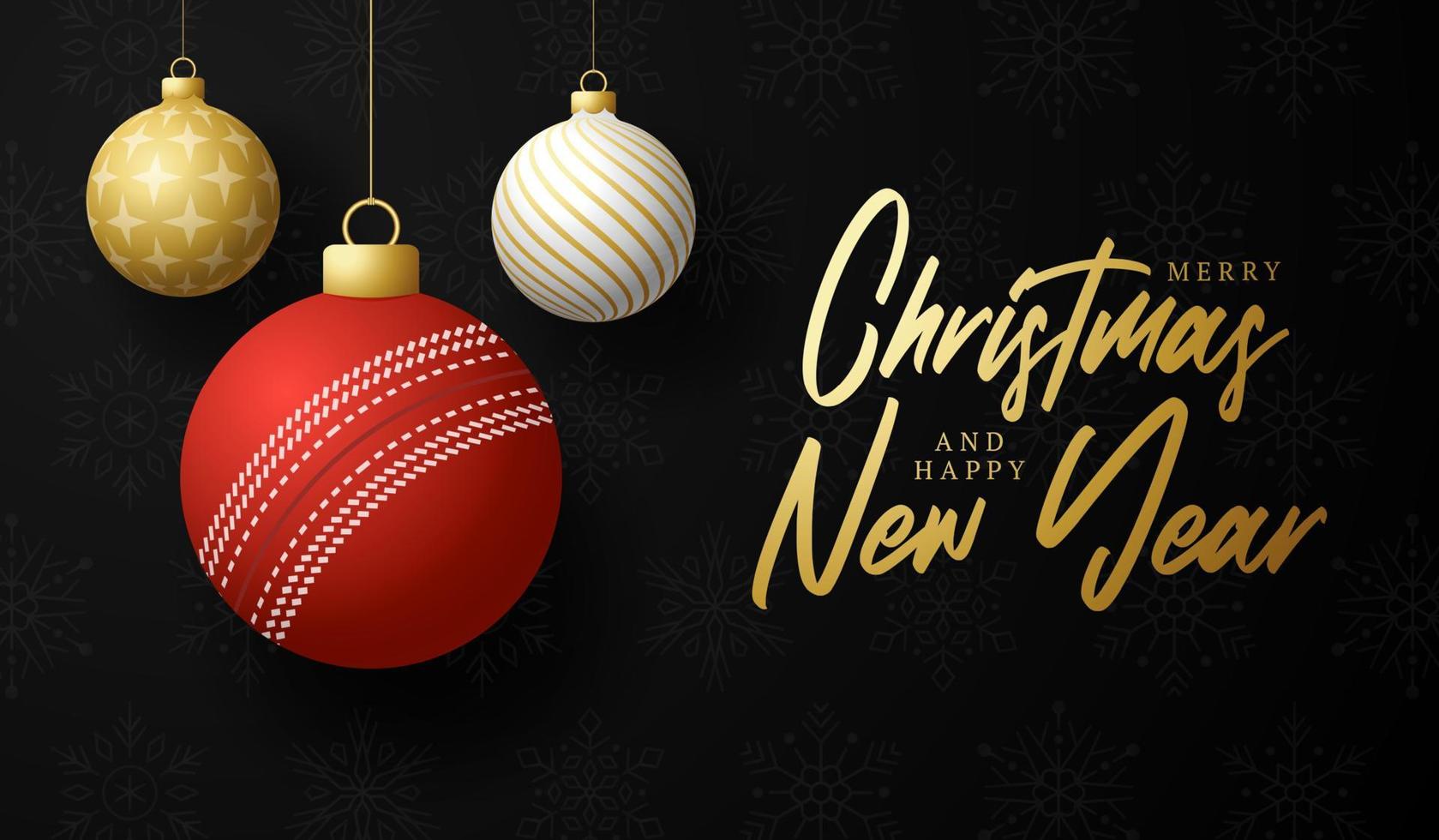 cricket feliz navidad y próspero año nuevo tarjeta de felicitación deportiva de lujo. bola de cricket como una bola de Navidad en el fondo. ilustración vectorial. vector