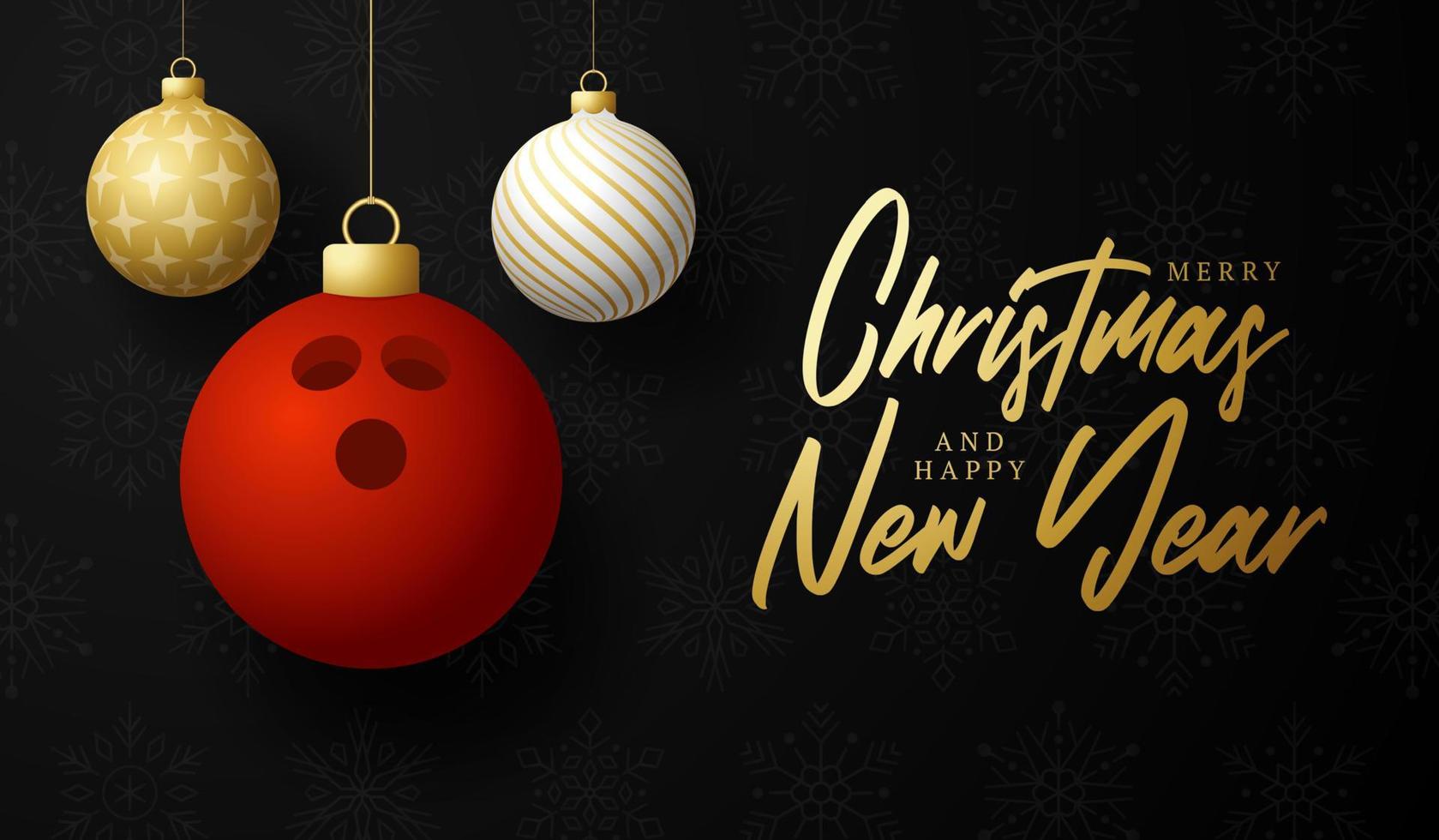 bolos feliz navidad y próspero año nuevo tarjeta de felicitación deportiva de lujo. bola de boliche como una bola de navidad en el fondo. ilustración vectorial. vector