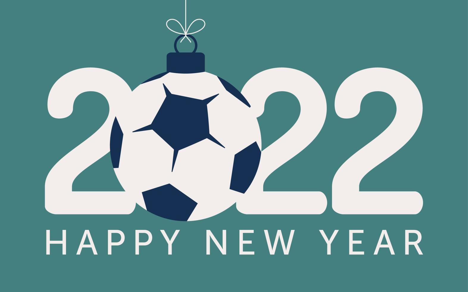 Ilustración de vector de fútbol feliz año nuevo 2022. Tarjeta de felicitación de deportes 2022 de estilo plano con una pelota de fútbol en el fondo de color. ilustración vectorial.