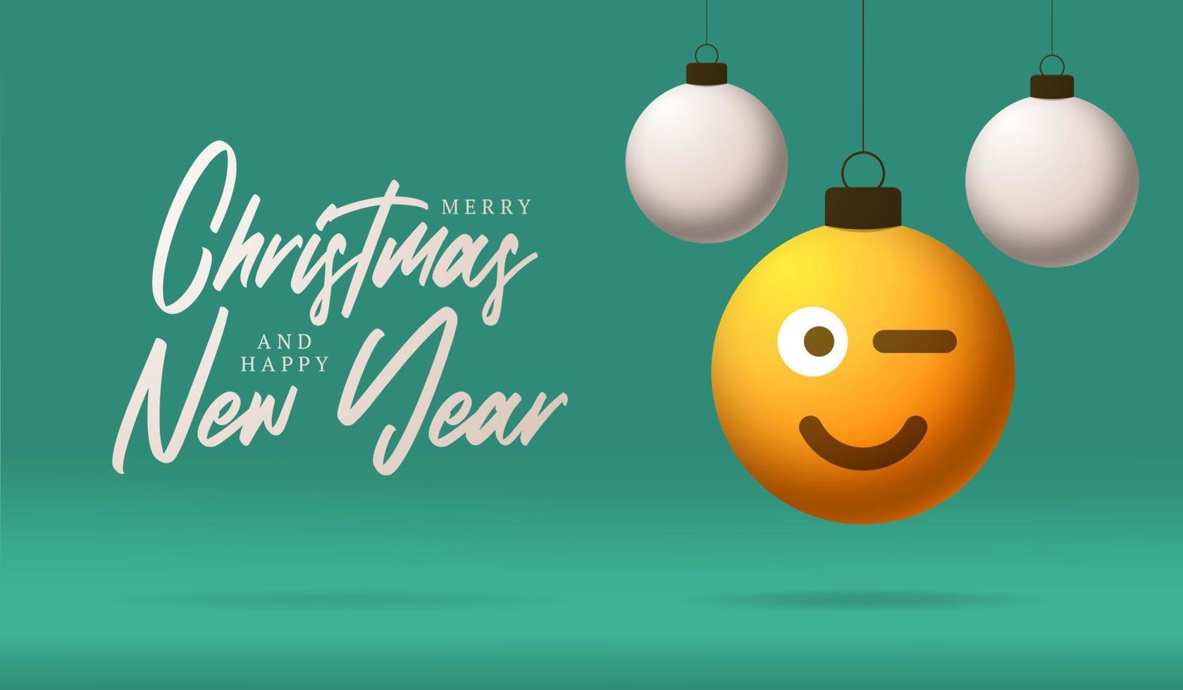 tarjeta de feliz navidad con cara de emoji de sonrisa. Ilustración de vector de estilo plano con letras de Navidad y emoción en bola de Navidad colgando de hilo en el fondo