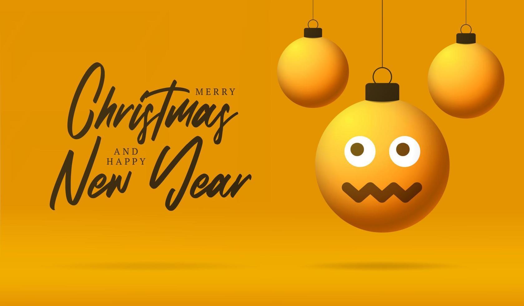 tarjeta de feliz navidad con mareada sonrisa confundida emoji cara. Ilustración de vector de estilo plano con letras de Navidad y emoción en bola de Navidad colgando de hilo en el fondo