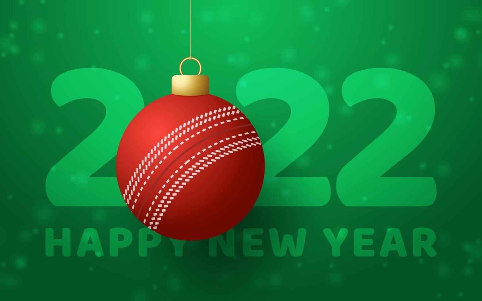 2022 feliz año nuevo. Tarjeta de felicitación deportiva con una pelota de cricket en el fondo de lujo con copo de nieve. ilustración vectorial. vector