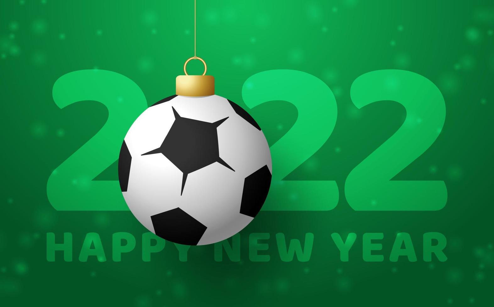 2022 Happy New Year. Sports greeting card with a soccer football ball on the luxury background with snowflake. Vector illustration.