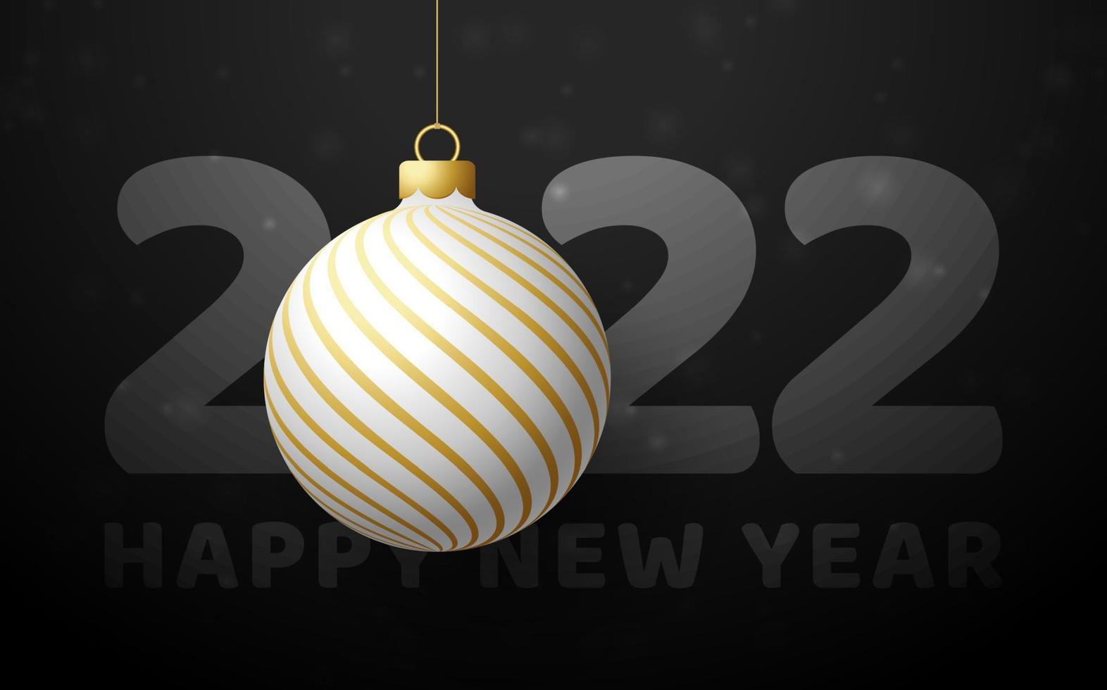2022 Happy New Year. Luxury greeting card with a white and gold christmas tree ball on the royal black background. Vector illustration