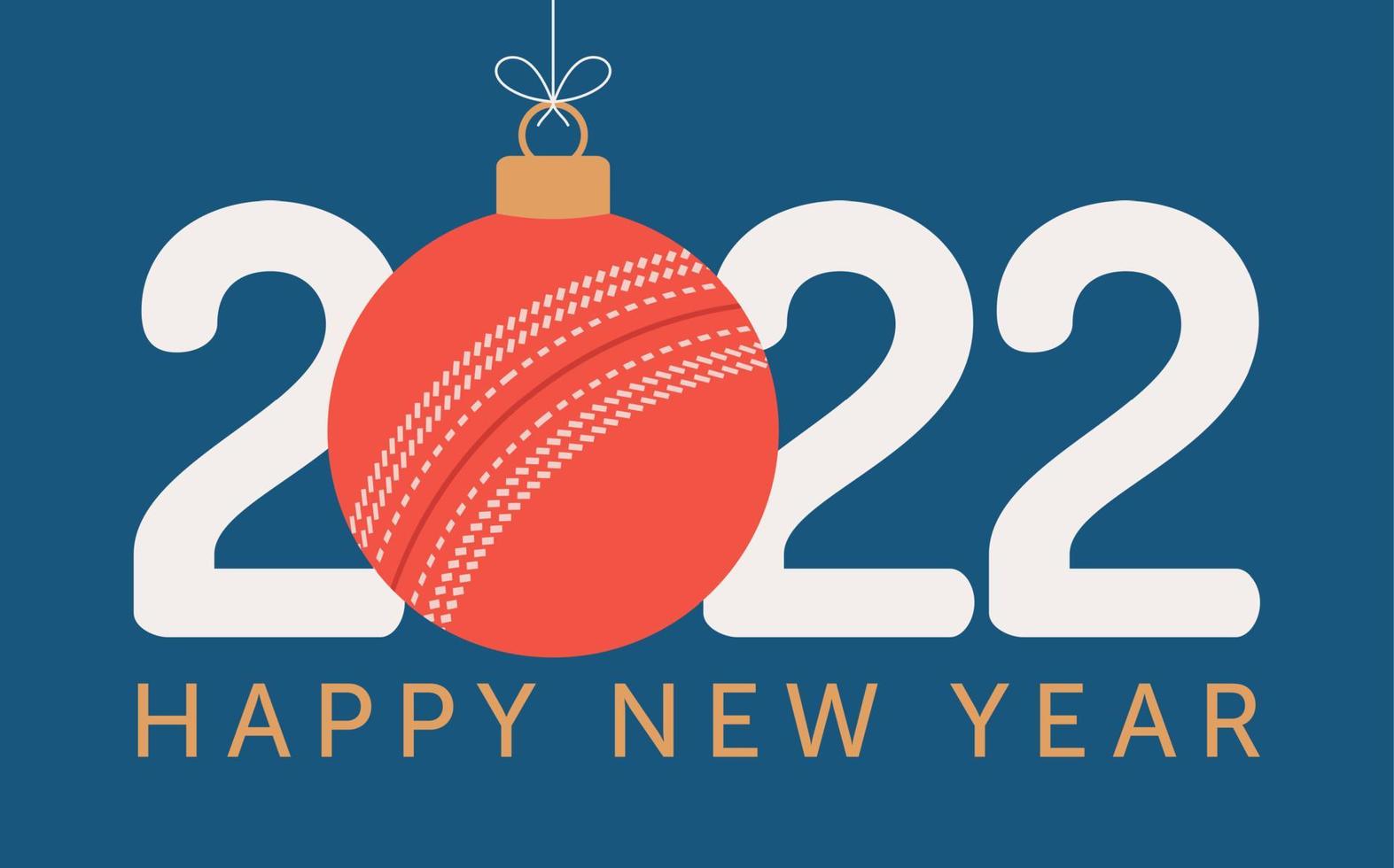 2022 feliz año nuevo ilustración de vector de cricket. tarjeta de felicitación de deportes 2022 de estilo plano con una pelota de cricket en el fondo de color. ilustración vectorial.