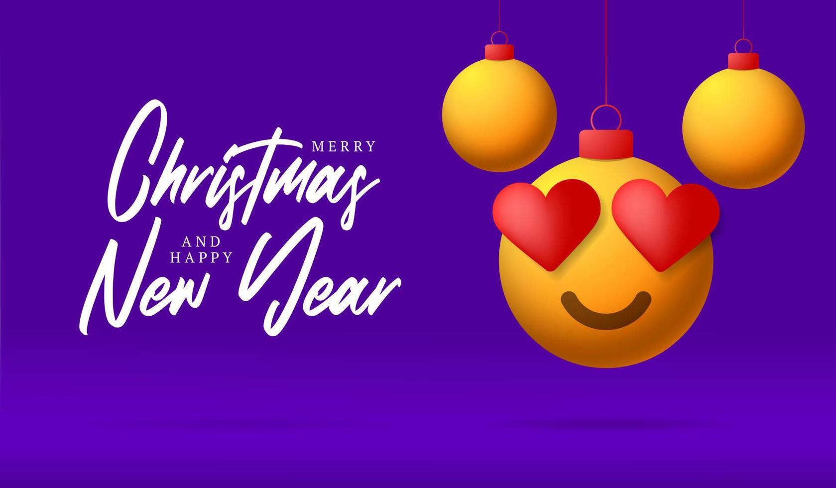 Merry Christmas card with heart smile emoji face. Vector illustration in flat style with Xmas lettering and love heart emotion in christmas ball hang on thread on purple background