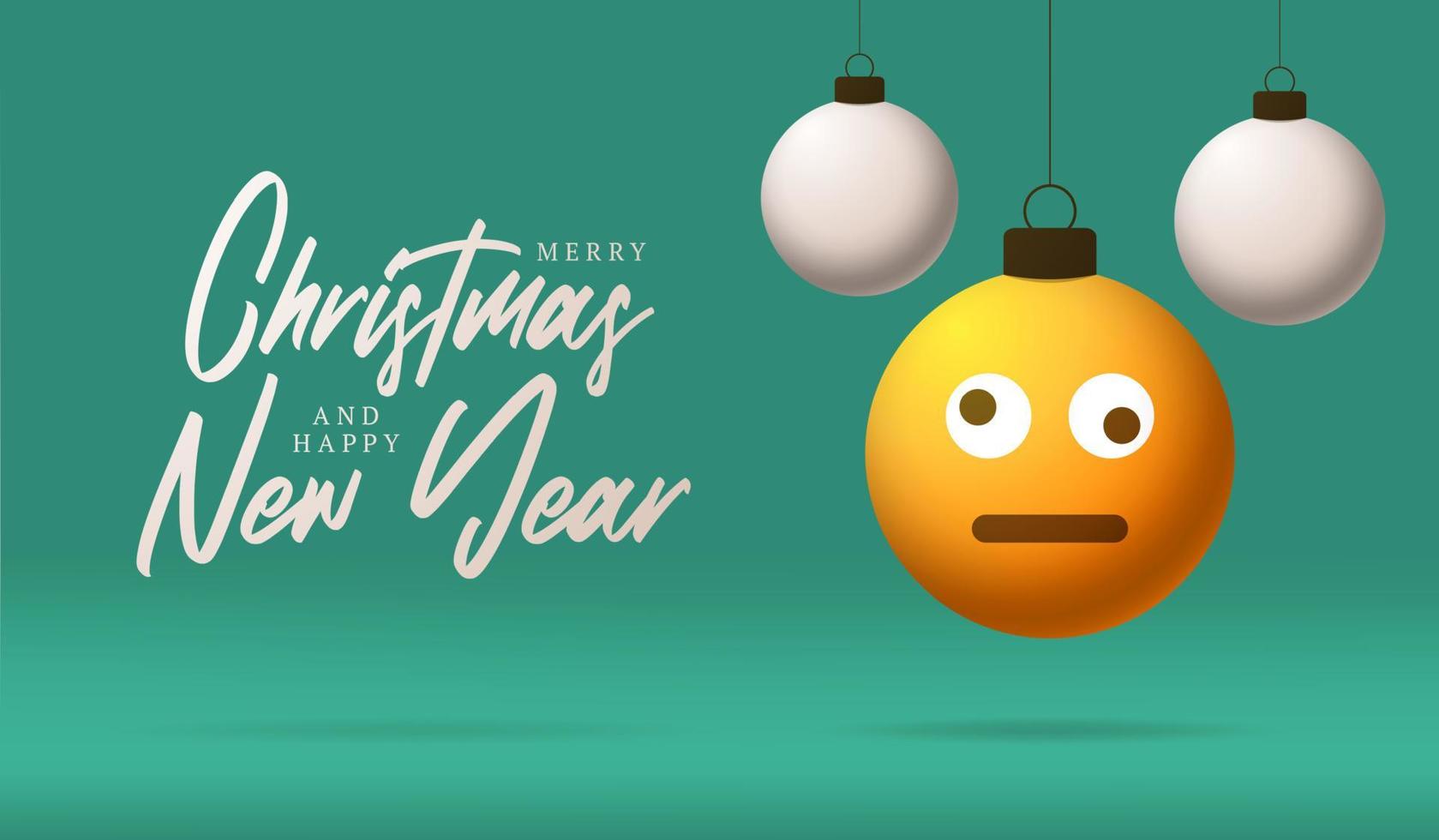 tarjeta de feliz navidad con mareada sonrisa confundida emoji cara. Ilustración de vector de estilo plano con letras de Navidad y emoción en bola de Navidad colgando de hilo en el fondo