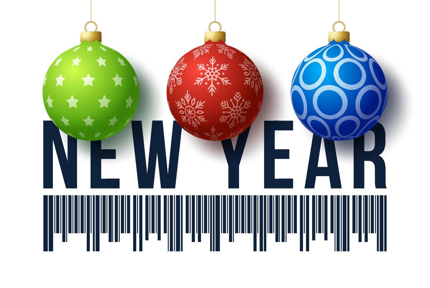 Venta año nuevo 2022. tarjeta de feliz navidad de año nuevo con adorno. ilustración vectorial en estilo realista con bola de Navidad tres vector