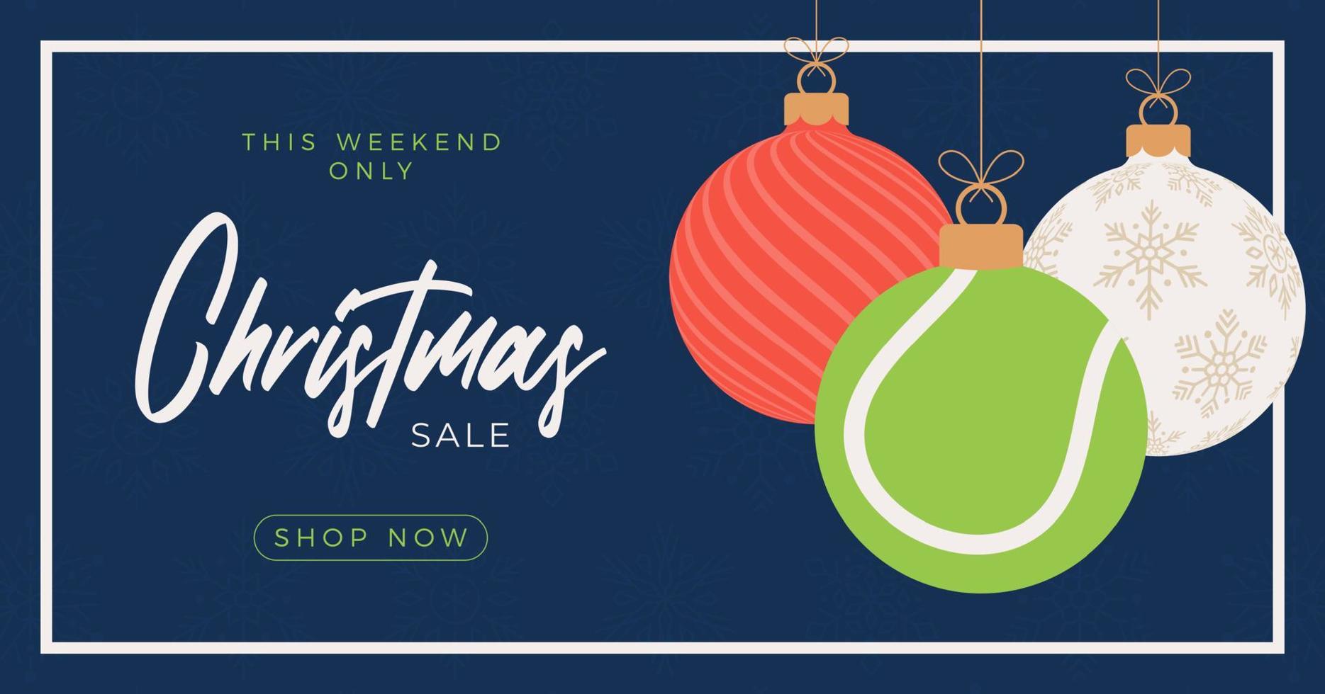 tennis Merry Christmas sale horizontal banner. Christmas card with sport tennis ball hang on a thread on background. Flat and cartoon Vector illustration