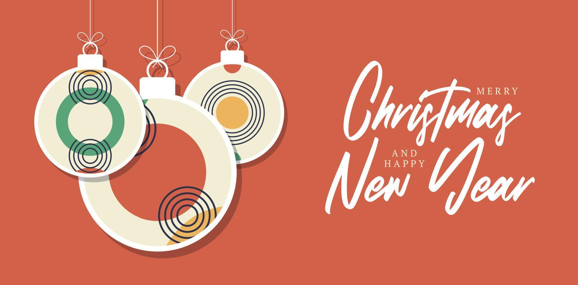 Christmas and New Year ball greeting card with decorative modern art Christmas balls and star backdrop. New year minimal 20s geometric design bauble, vector template with primitive shapes elements
