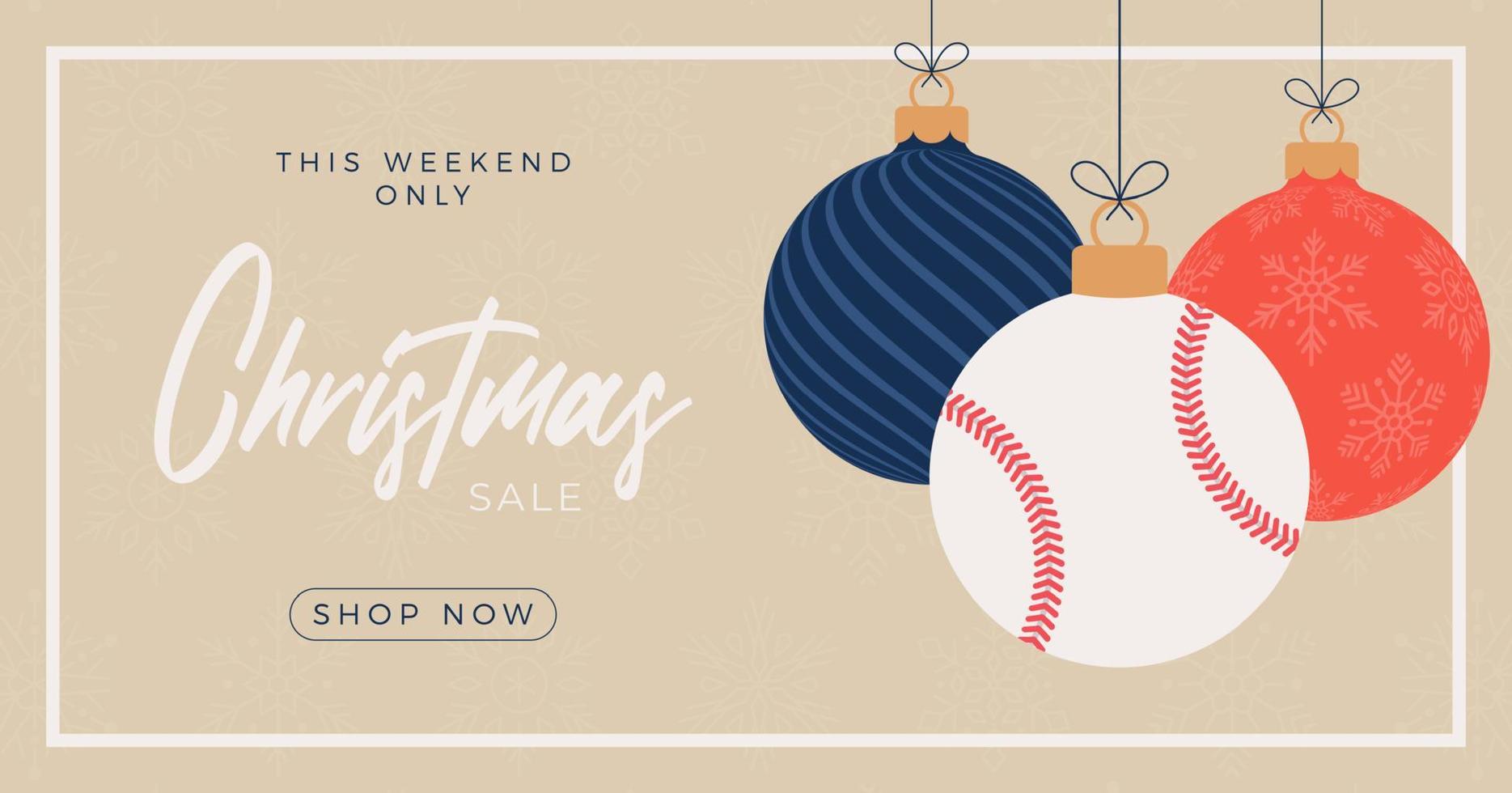 banner horizontal de venta de feliz navidad de béisbol. Tarjeta de Navidad con pelota de béisbol deportiva colgar de un hilo en el fondo. ilustración vectorial plana y de dibujos animados vector