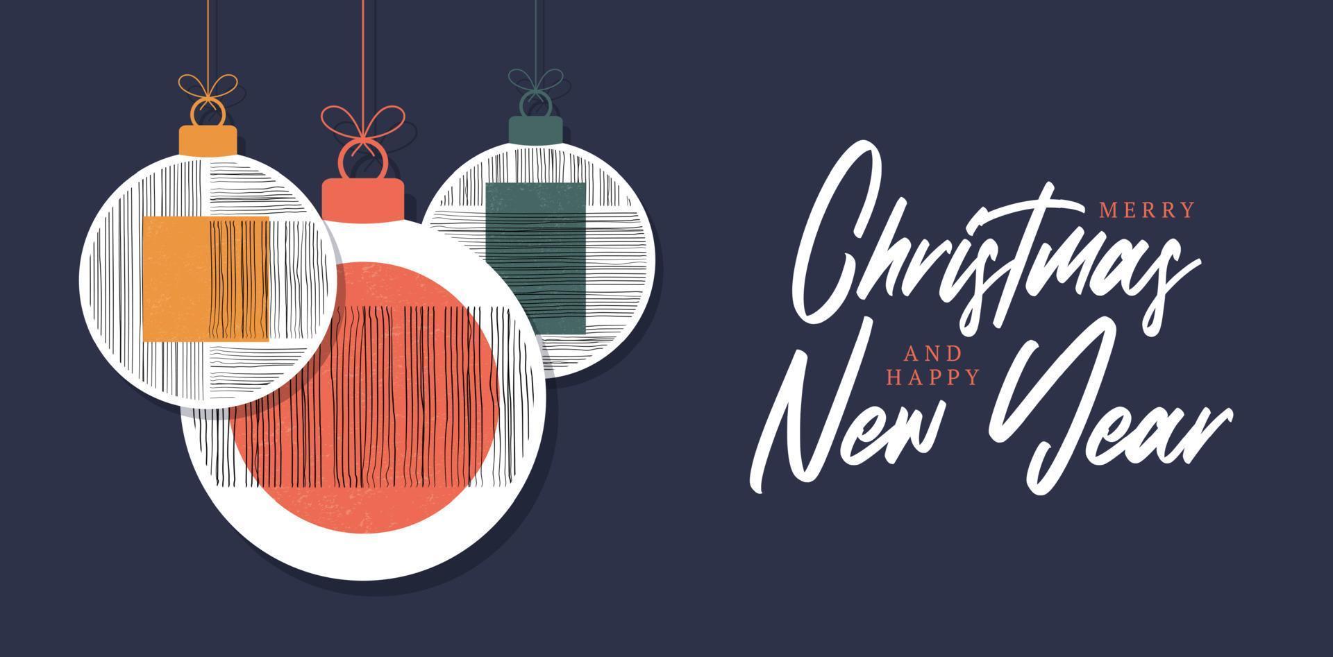 Christmas and New Year ball greeting card with decorative modern art Christmas balls and star backdrop. New year minimal 20s geometric design bauble, vector template with primitive shapes elements