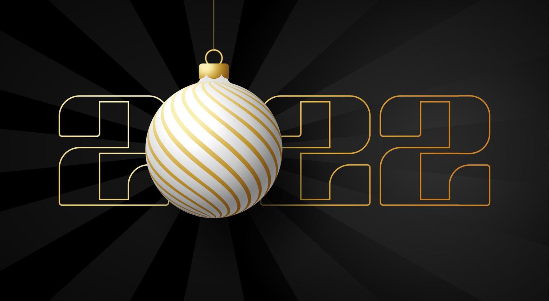 2022 Happy New Year. Luxury greeting card with a white and gold christmas tree ball on the royal black background. Vector illustration