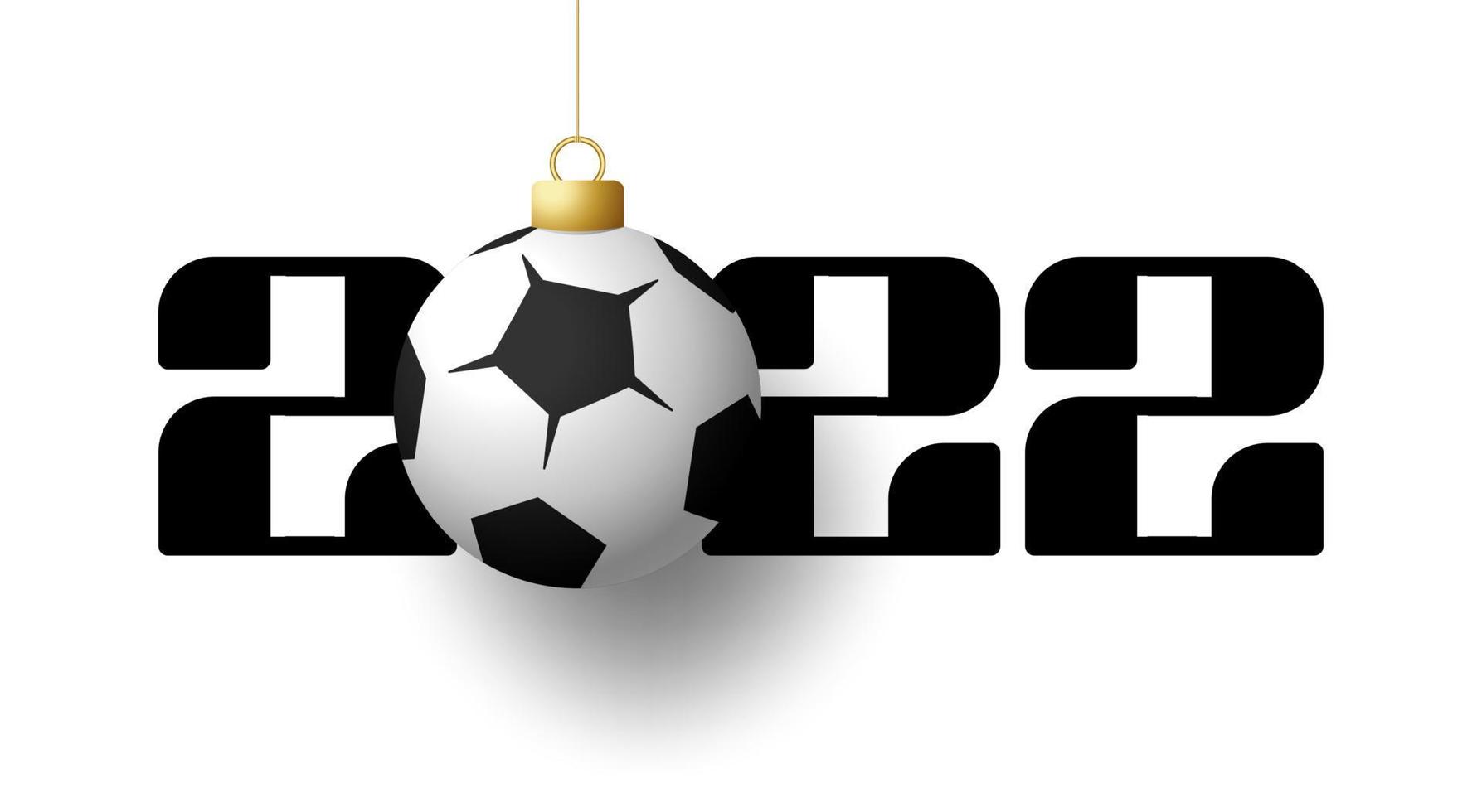 2022 feliz año nuevo. Tarjeta de felicitación deportiva con balón de fútbol y fútbol dorado en el fondo de lujo. ilustración vectorial. vector