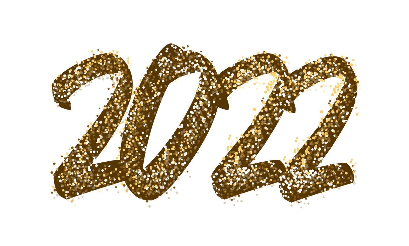 2022 Happy New Year Lettering. Text golden with bright sparkles. Handwritten text lettering in paint and color gold. Festive design template, greeting card, poster, banner. Vector Illustration