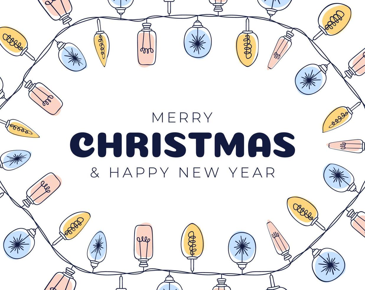 Xmas light bulbs frame, vertical circle shape. Simple but cute Christmas hand drawn frame. Vector illustration.