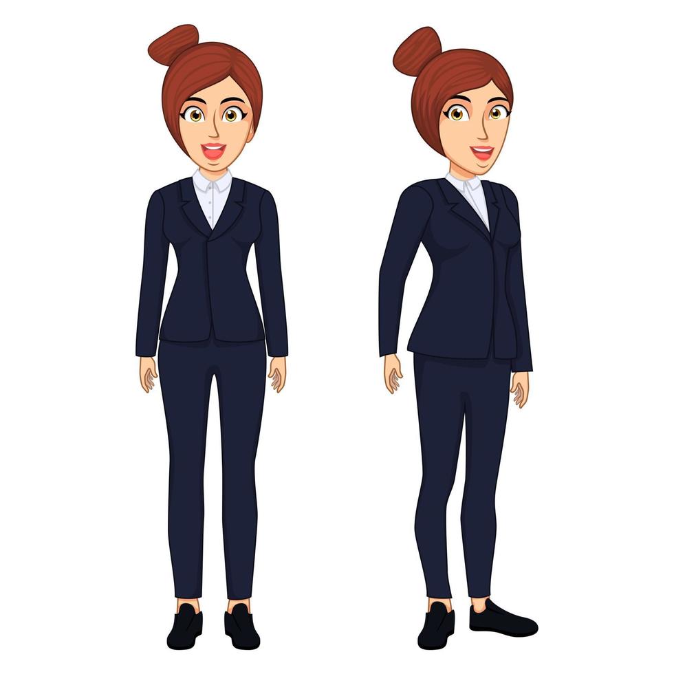 Personaje de mujer de negocios de pie con diferentes poses y posiciones y posando con expresión alegre vector