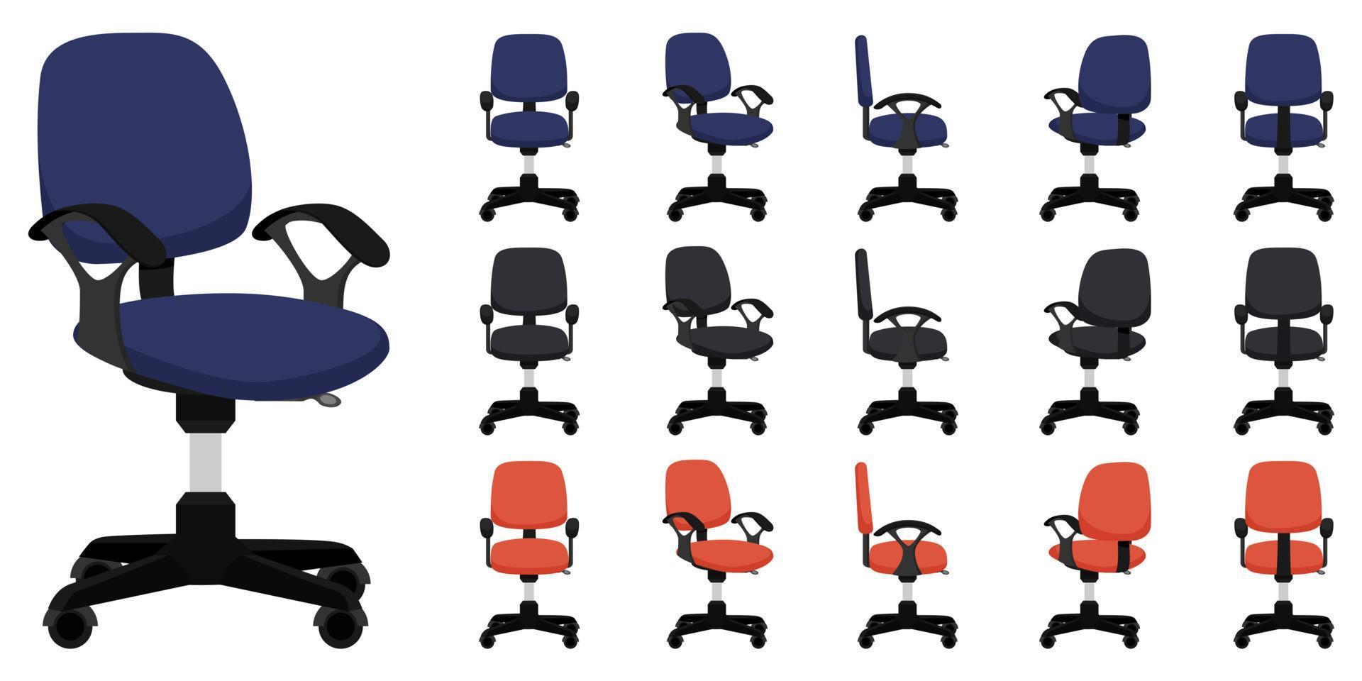 lindo y hermoso sillón de oficina para el hogar y la oficina con diferentes posiciones de pose y colores aislados de colores vector