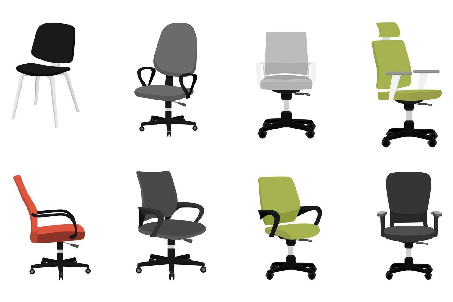 Cute beautiful modern chairs set with different shape and size for office and outdoor with different pose and position and color isolated vector