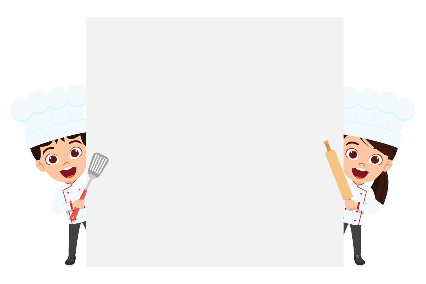 Happy cute kid boy and girl chef character wearing chef outfit standing behind blank placard with spoon and tools isolated vector