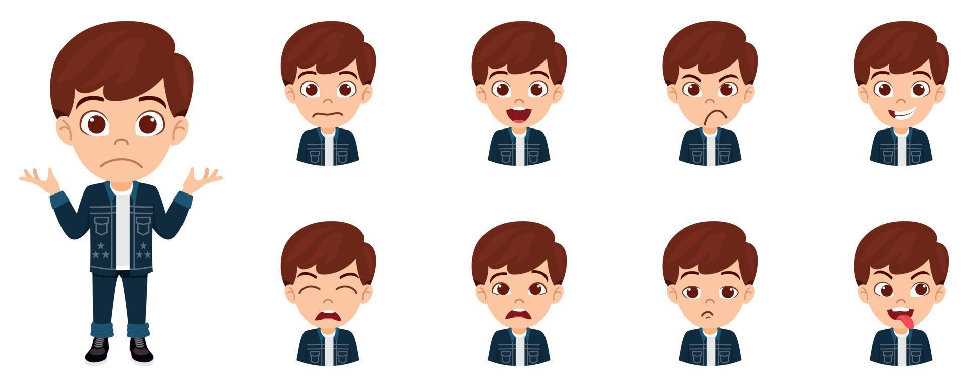 Happy cute beautiful kid boy character wearing business outfit with different emotions and facial expressions isolated vector