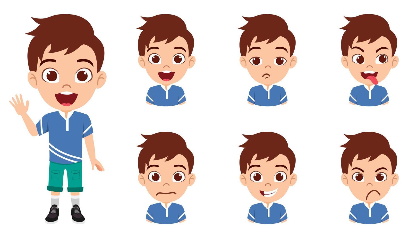 Happy cute beautiful kid boy character wearing T-shirt outfit with different emotions and facial expressions and waving vector