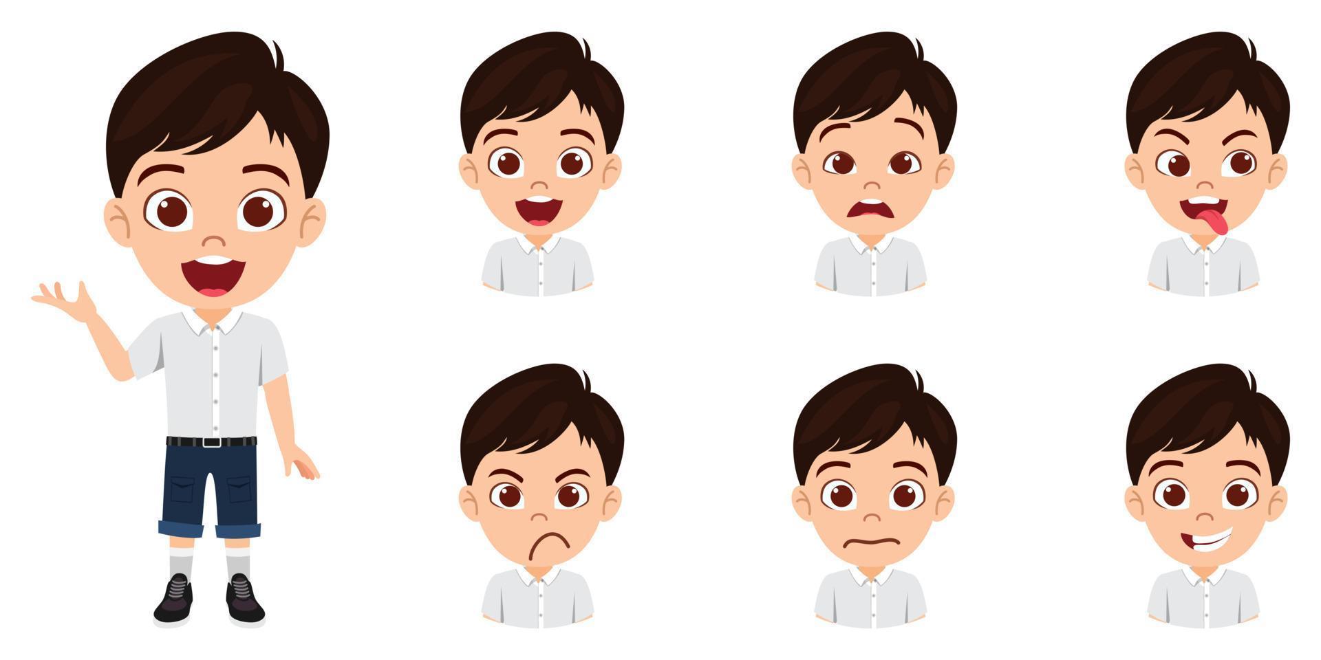 Happy cute beautiful kid boy character wearing T-shirt outfit with different emotions and facial expressions and waving posing isolated vector