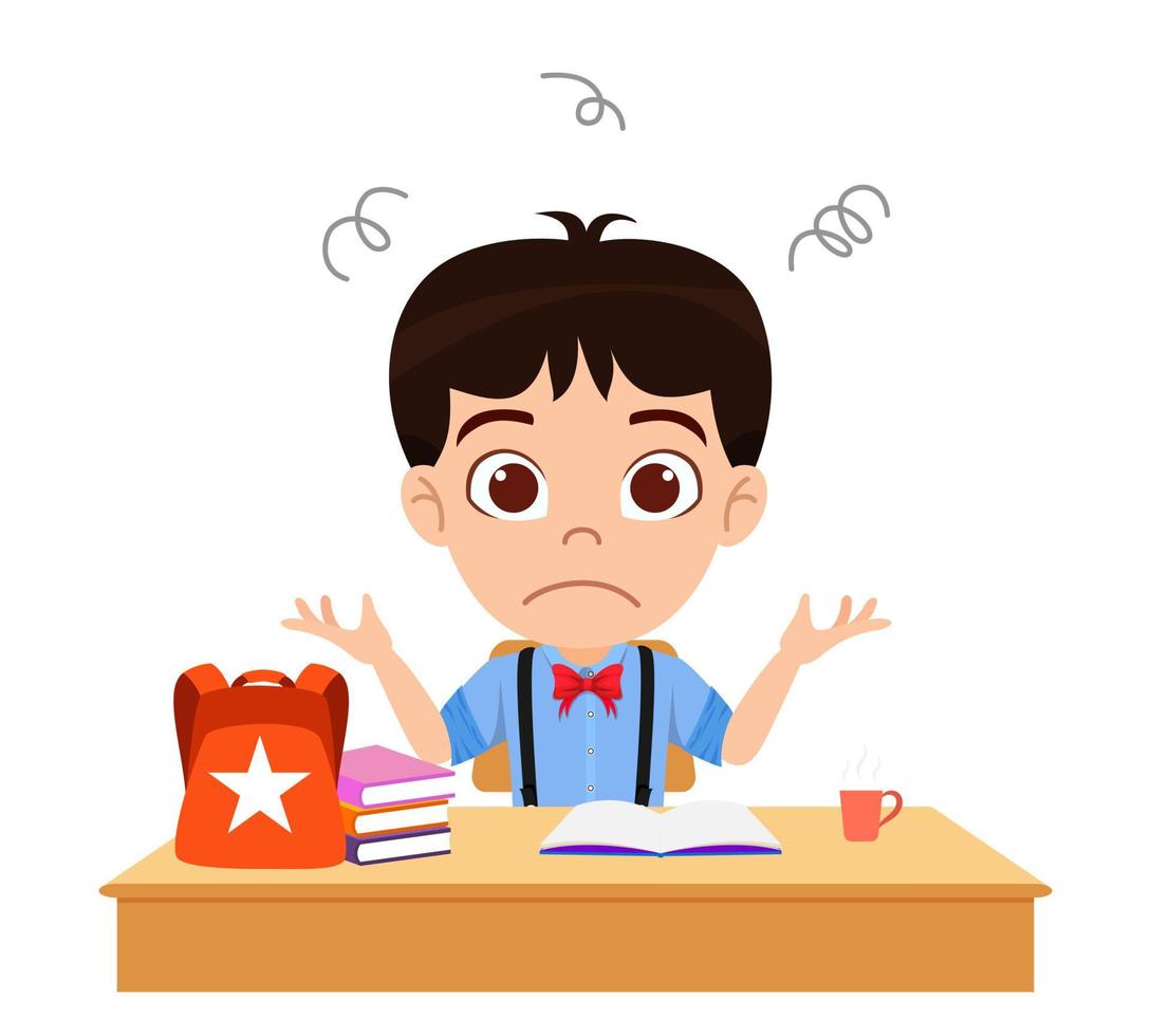 Happy cute kid boy character siting study desk studying with books and bag coffee and confused vector