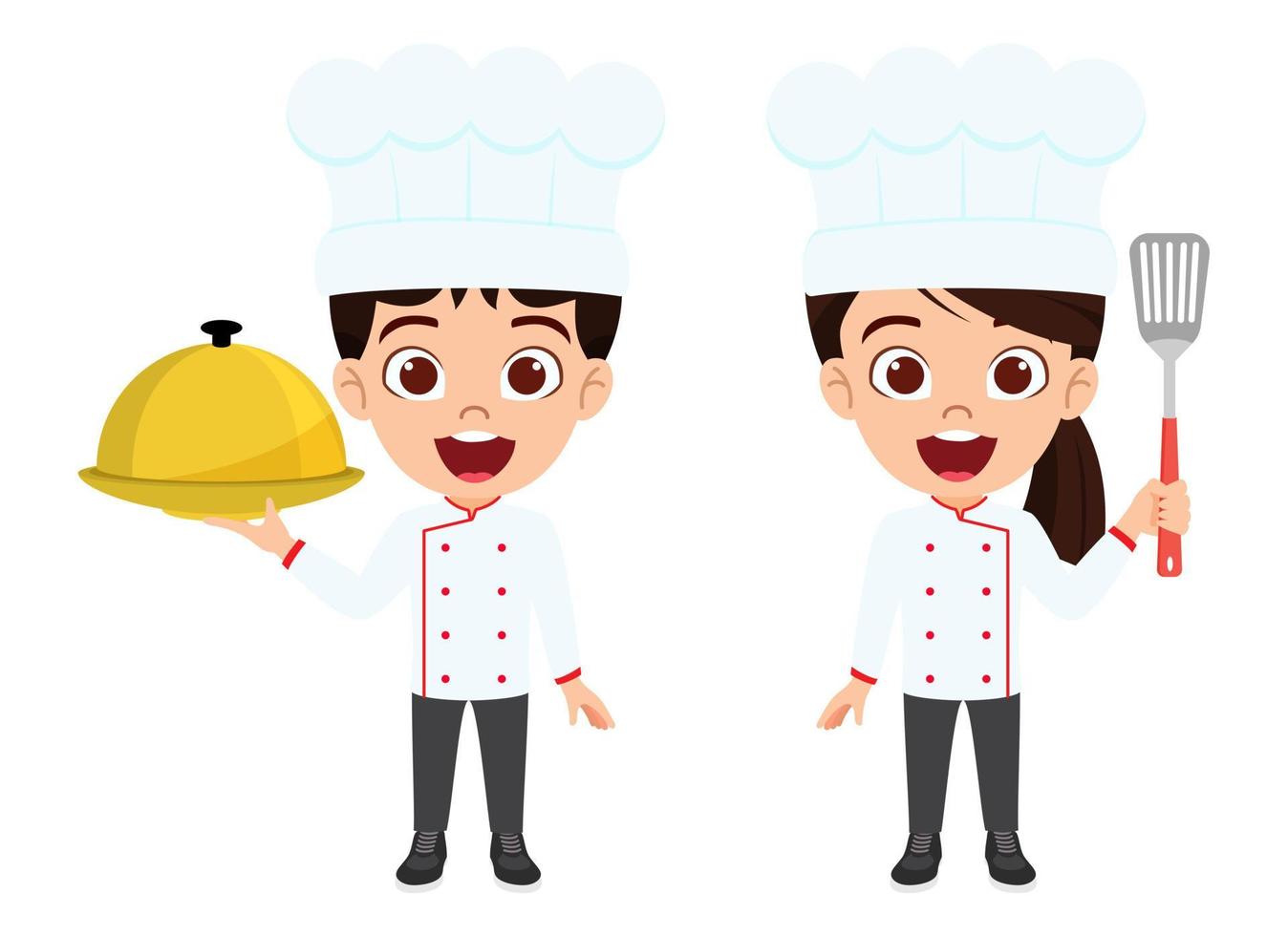 Feliz niño lindo niño y niña personaje de chef vistiendo traje de chef de pie y sosteniendo comida y cuchara vector