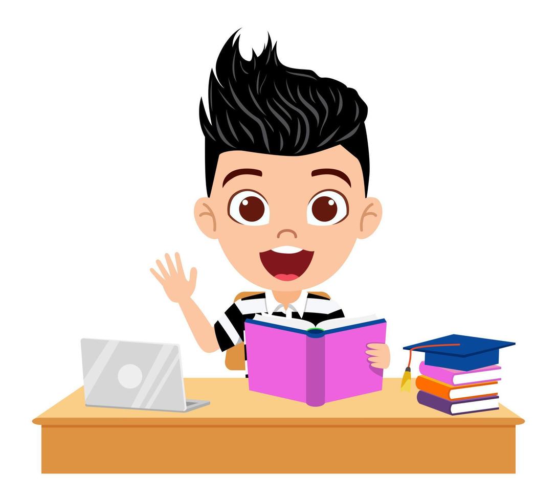 Happy cute kid boy character siting study desk studying with books and laptop vector