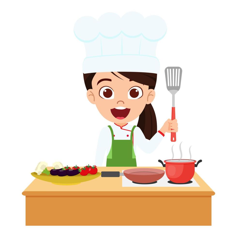 Happy cute kid girl chef character wearing chef outfit standing and cooking with utensils and spoon isolated vector