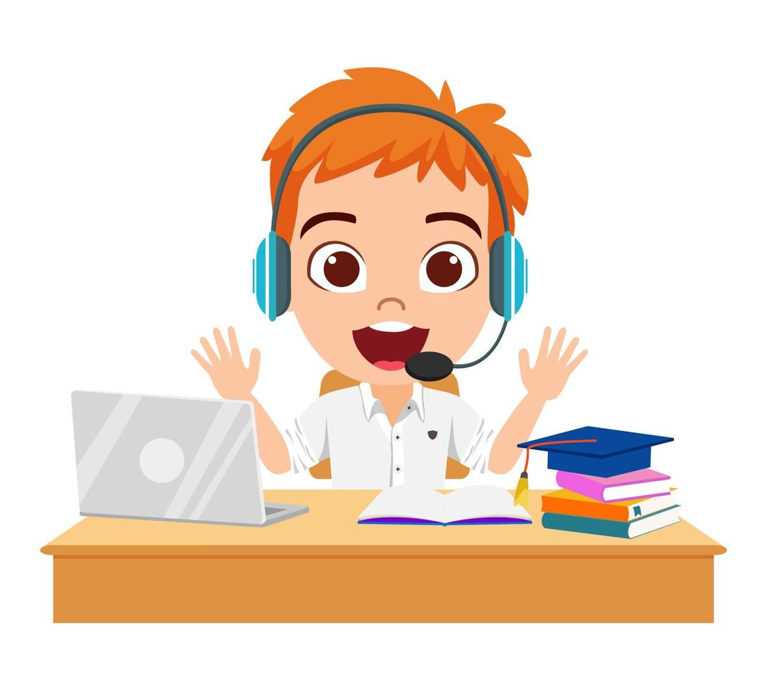 Happy cute kid boy character siting study desk studying with books laptop wearing microphone headphone vector