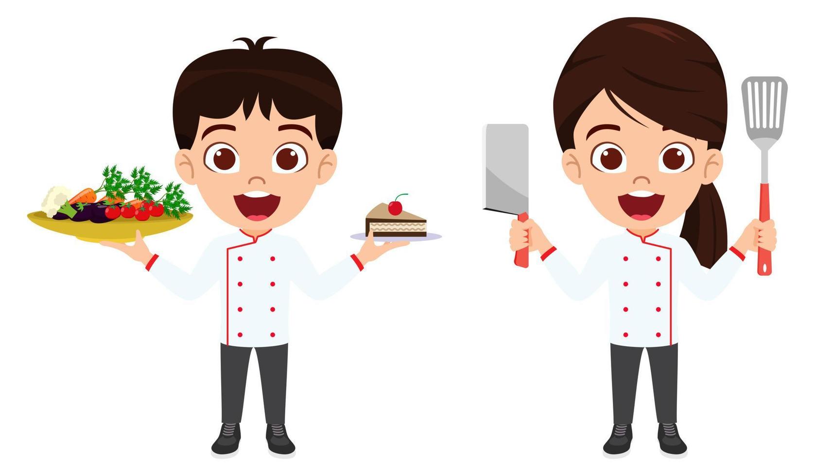 Happy cute kid boy and girl chef character wearing chef outfit standing and holding food knife and spoon and cake vector