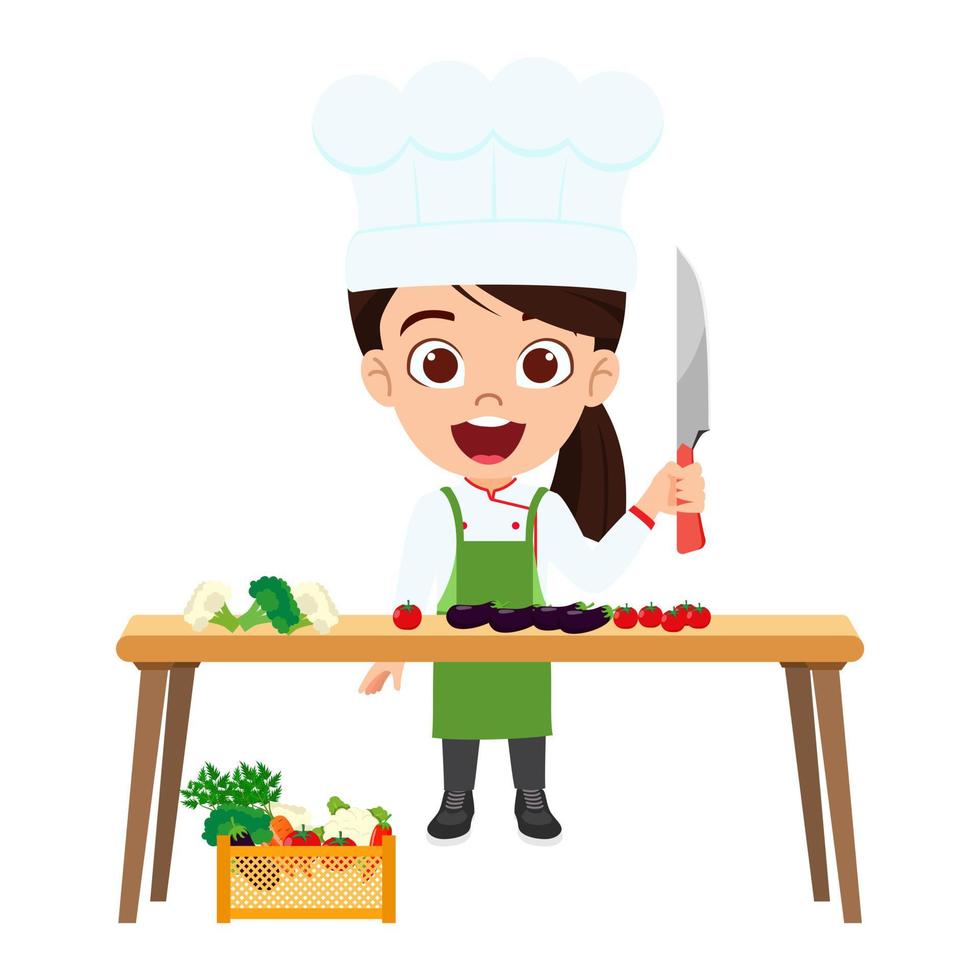 Happy cute kid girl chef character wearing chef outfit standing and cutting vegetables on table vector