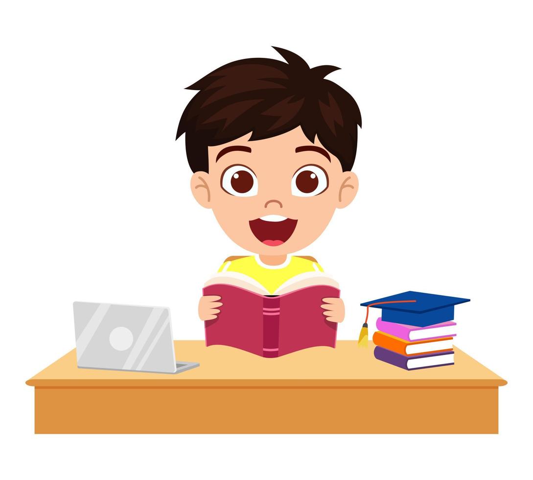 Happy cute kid boy character siting study desk studying with books isolated vector