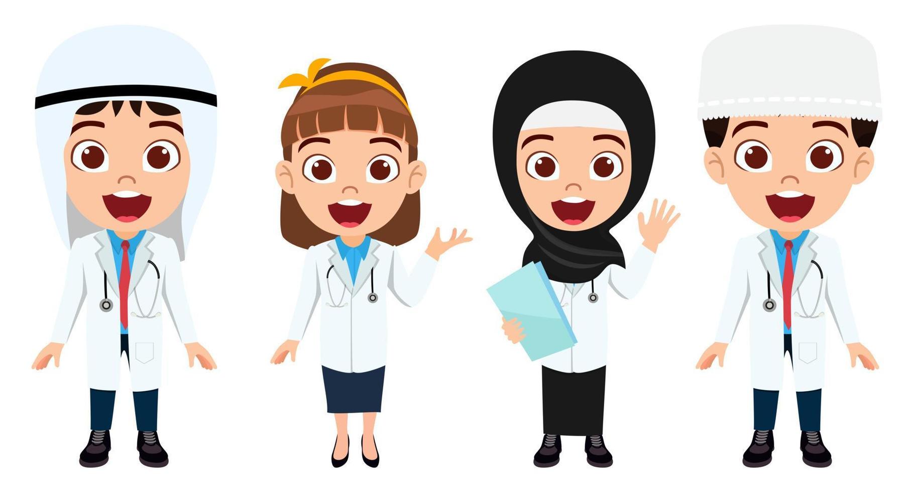 Feliz niño lindo niño y niña médico enfermera personaje vistiendo traje de médico y enfermera árabe musulmán de pie con expresión alegre aislado vector