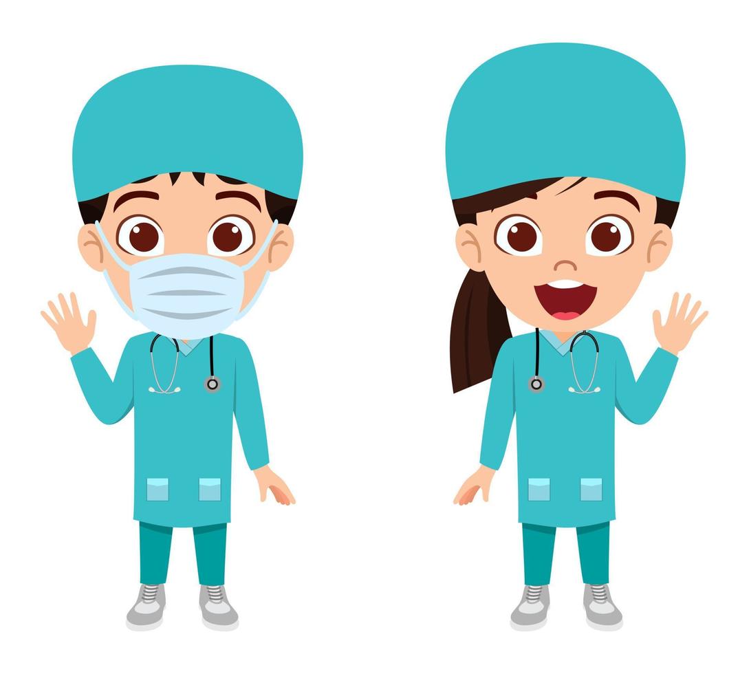 lindo niño hermoso niño y niña doctor enfermera personaje vistiendo traje médico enfermera y máscara ondeando vector