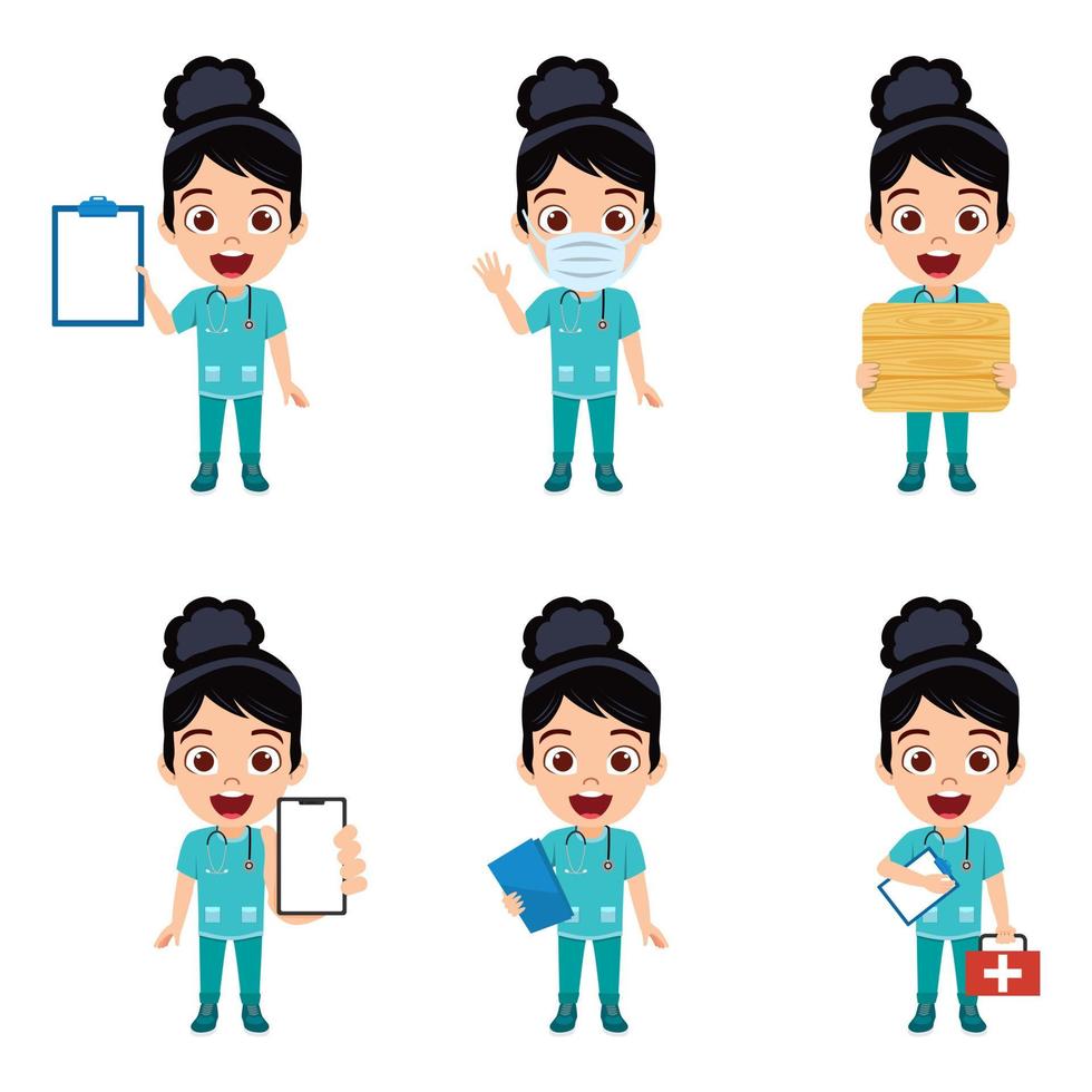 feliz lindo hermoso niño niña enfermera doctor personaje vistiendo traje de enfermera y sosteniendo portapapeles cartel de madera botiquín médico vector