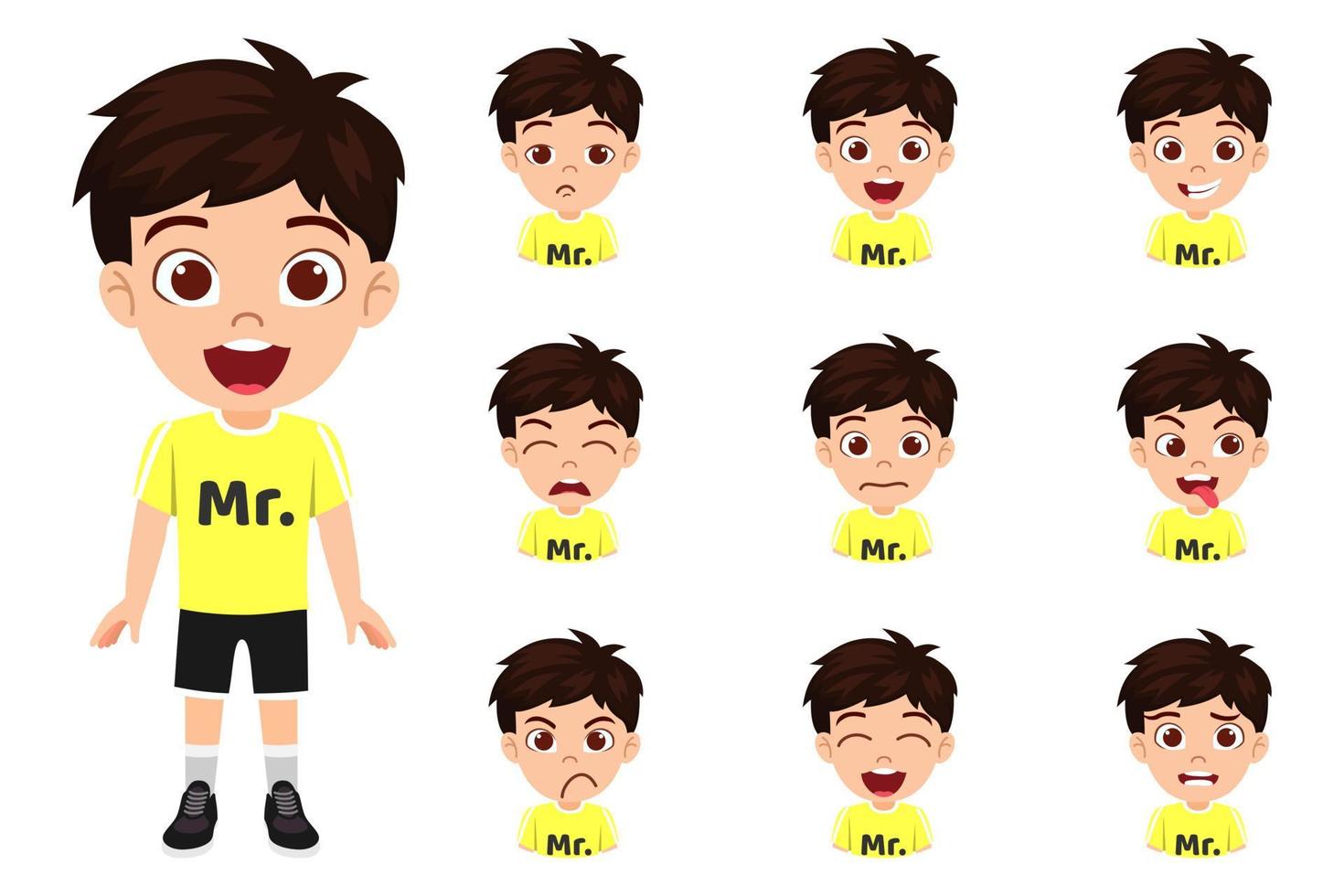 Feliz lindo niño hermoso personaje de niño con traje de camiseta con diferentes emociones y expresiones faciales aisladas vector