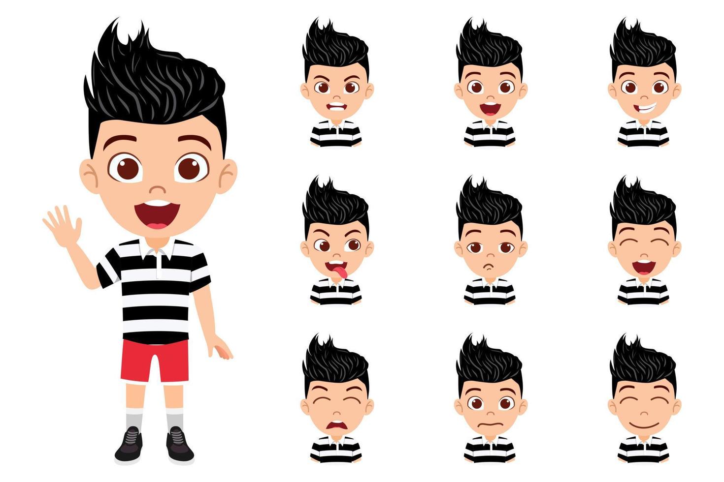 Happy cute beautiful kid boy character wearing T-shirt outfit with different emotions and facial expressions vector