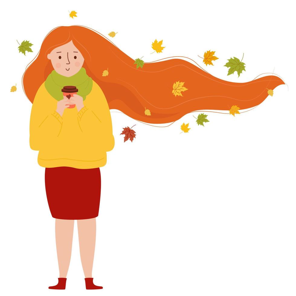 Autumn and girl. Girl with developing long hair with autumn leaves with coffee. Vector illustration