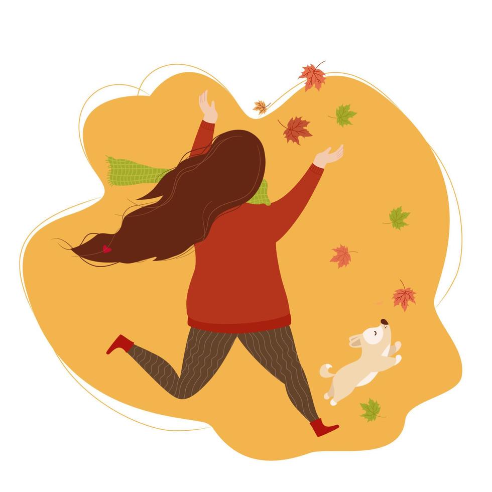 girl with long hair with dog rejoices and catches the autumn leaves vector
