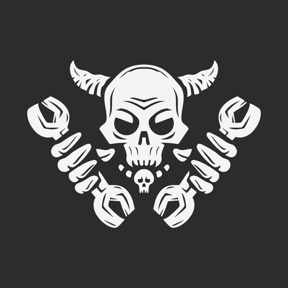 Skull holding the wrench Skeleton repairman Vintage logo vector illustration